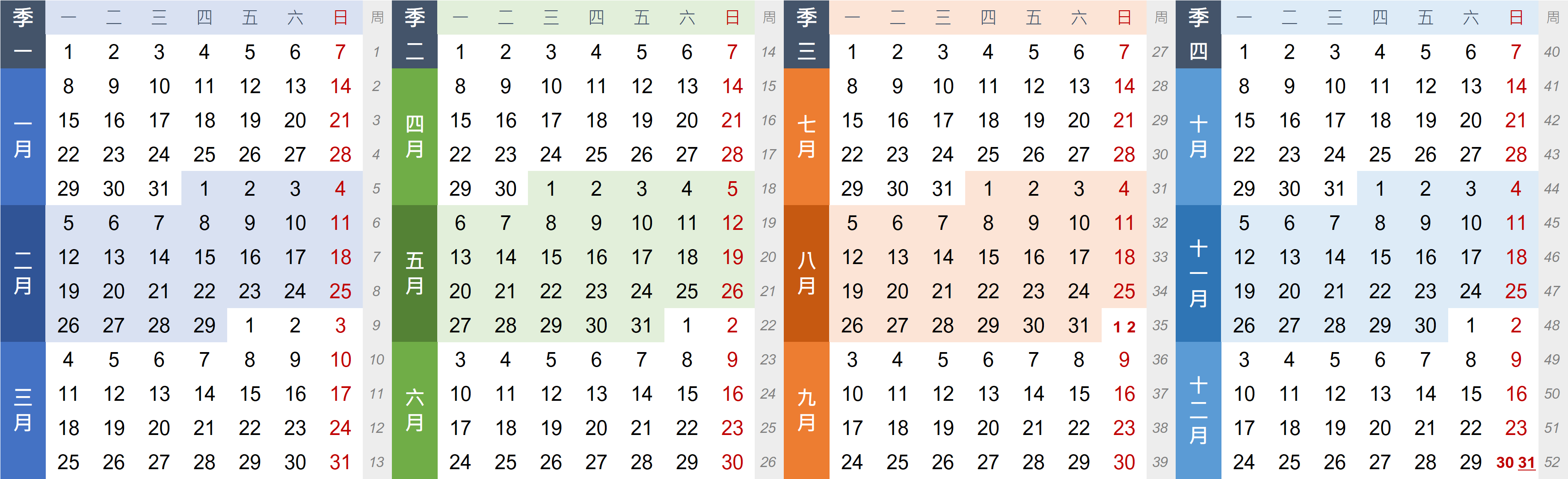 Weeky Calendar defines the same 52 weeks for any Gregorian calendar year (Innovative Calendar Upgrade)