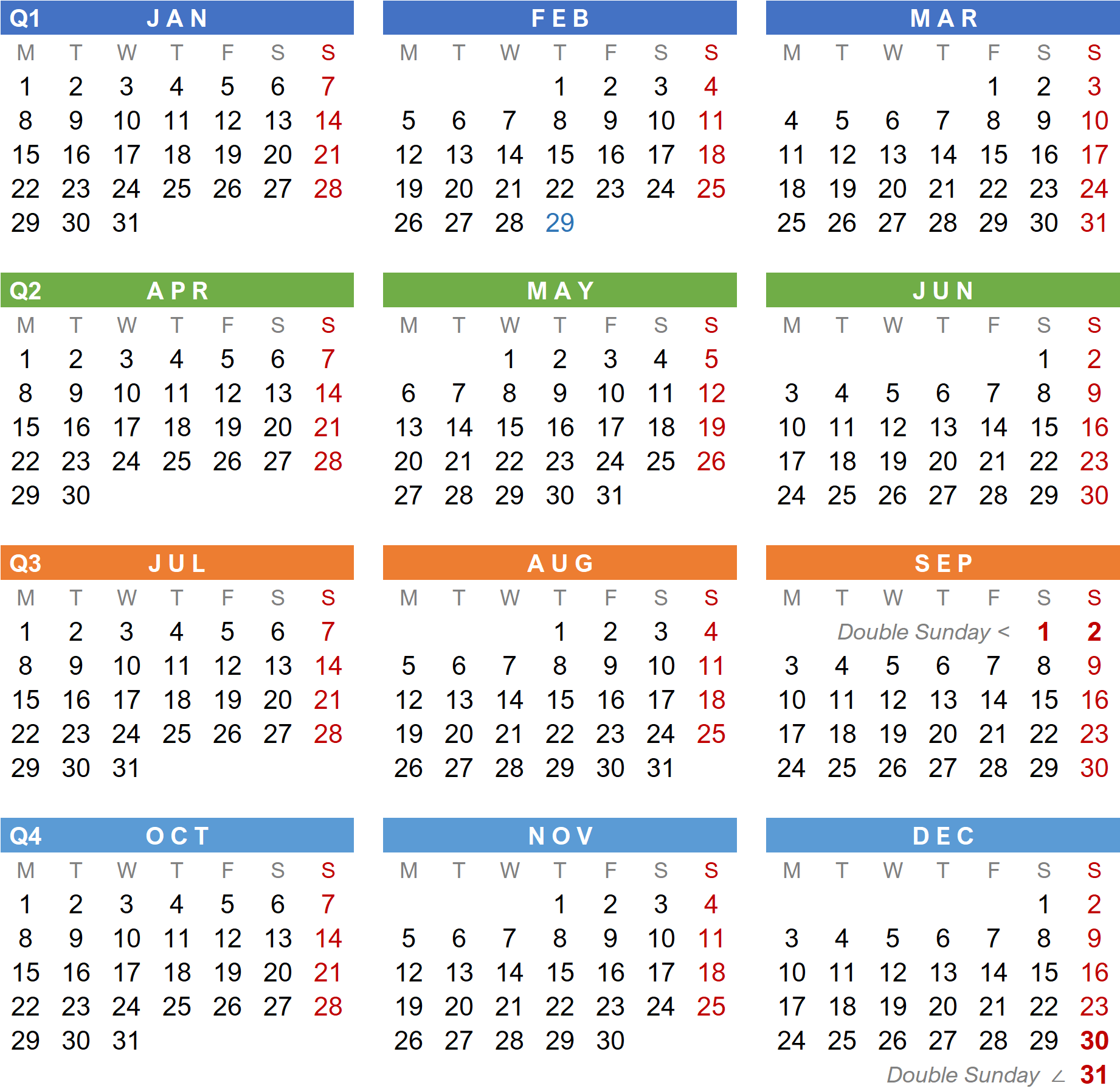 Weeky Calendar defines the same 52 weeks for any Gregorian calendar year (Innovative Calendar Upgrade)