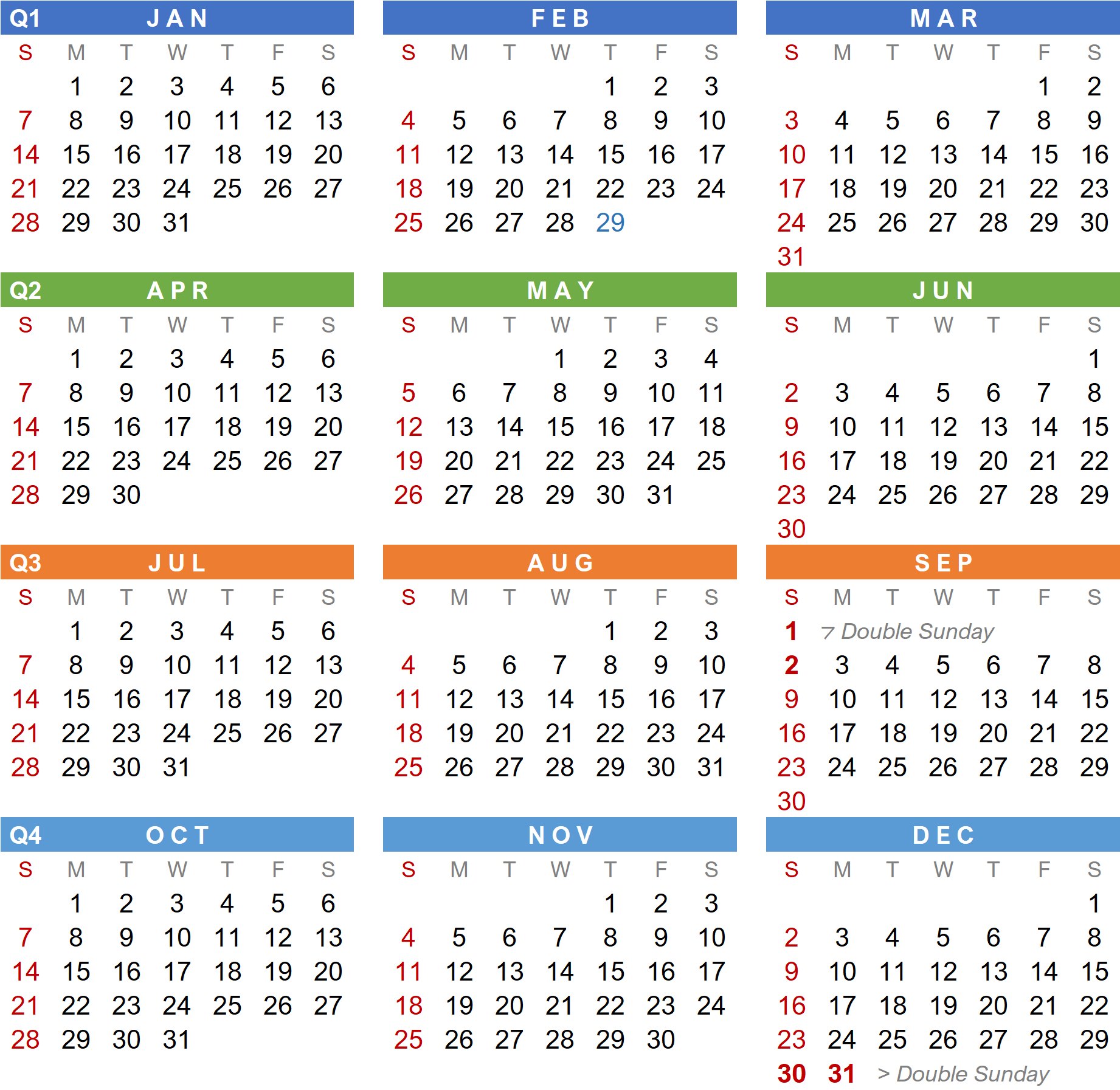 Weeky Calendar defines the same 52 weeks for any Gregorian calendar year (Innovative Calendar Upgrade)