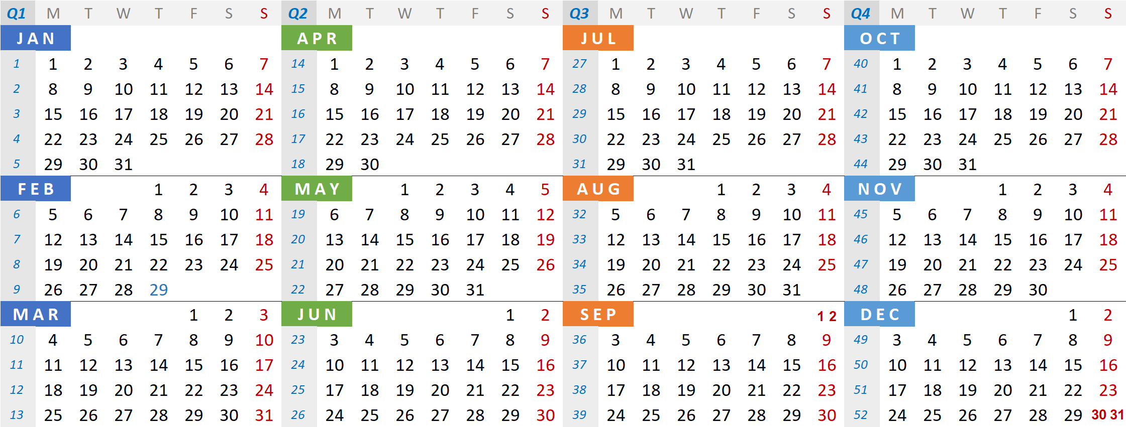 Weeky Calendar defines the same 52 weeks for any Gregorian calendar year (Innovative Calendar Upgrade)